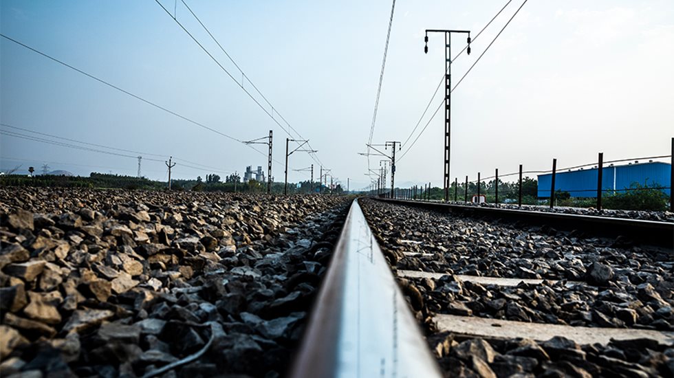 A closeup of railroad and the base aggregates.