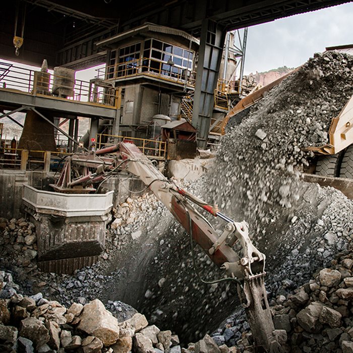 Primary gyratory crusher in action.